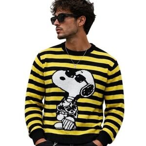 Rare Peanuts Snoopy Joe Cool Striped Knit Sweater L Yellow Black Y2K Retro